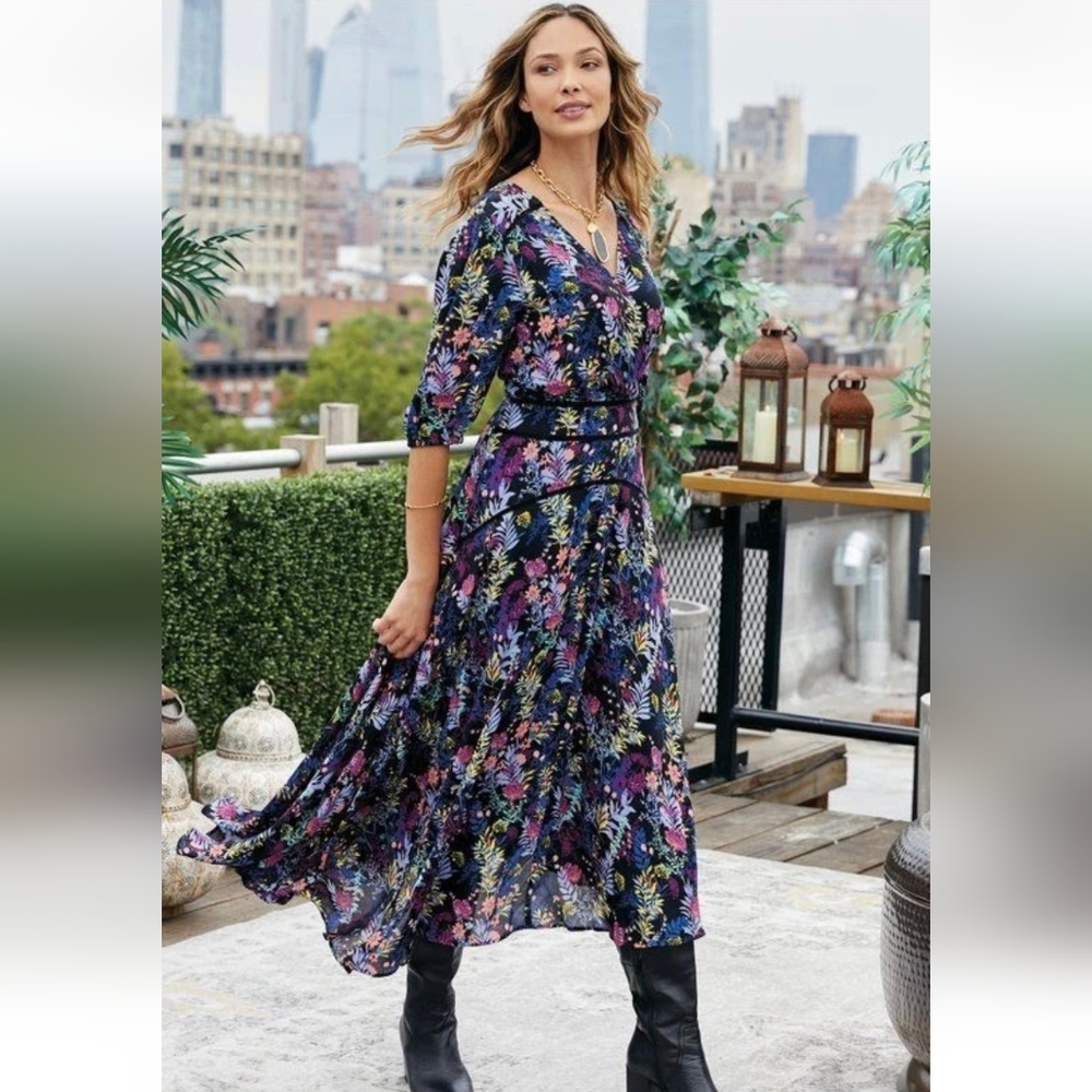 Soft Surroundings Floral Midi Dress in Navy with Multi-Color Print